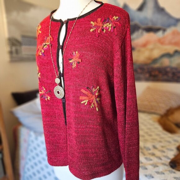 Vintage Sigrid Olsen Red Embroidered Cardigan Sweater – Size L - Picture 3 of 12